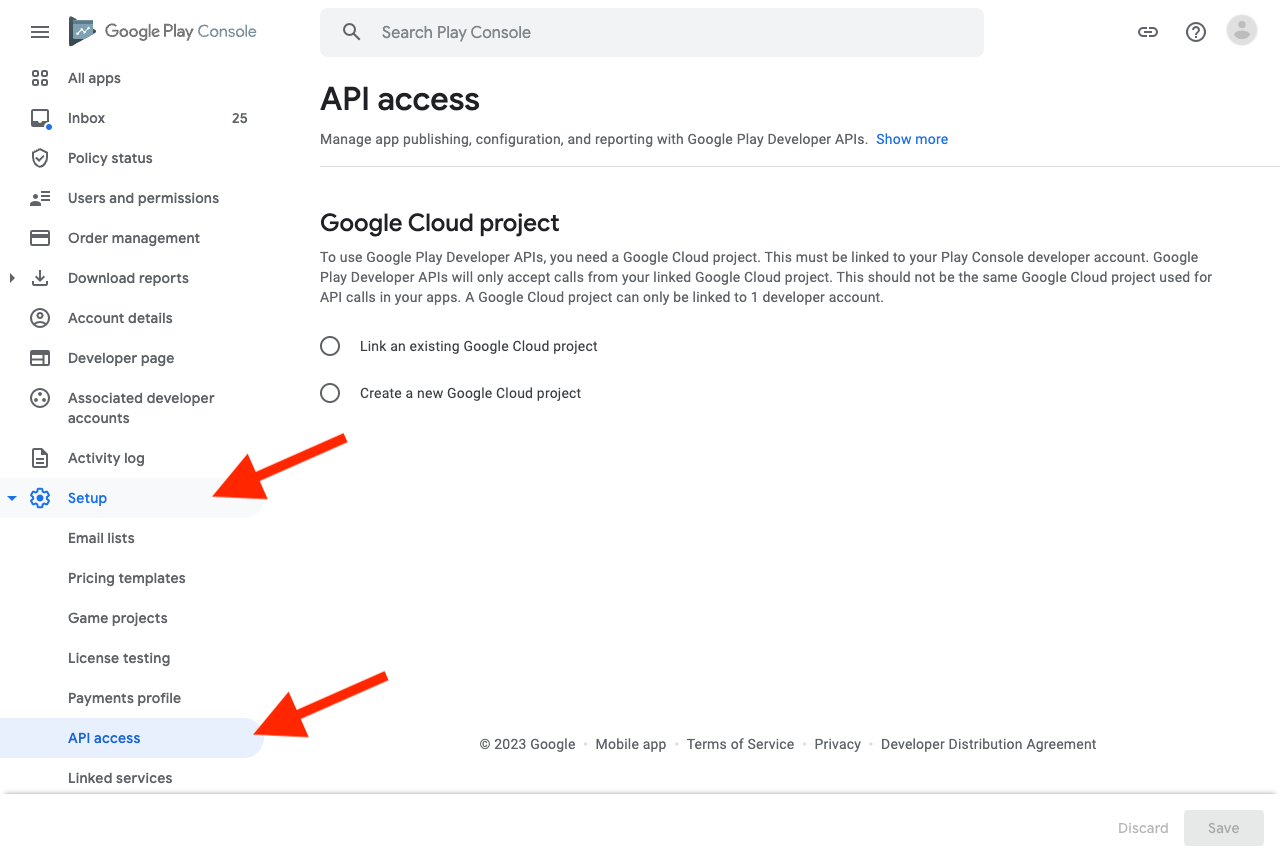 Google Play Console showing Setup and API access in sidebar