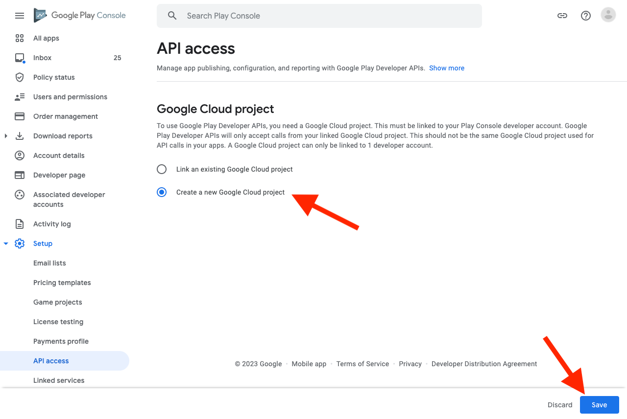 Create a new Google Cloud project option selected
