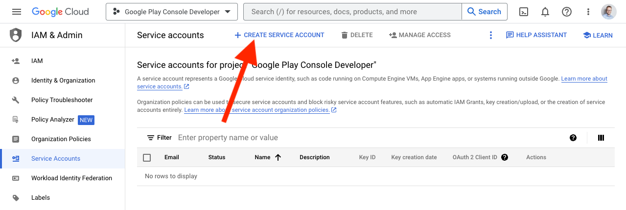 Service accounts page with Create Service Account button
