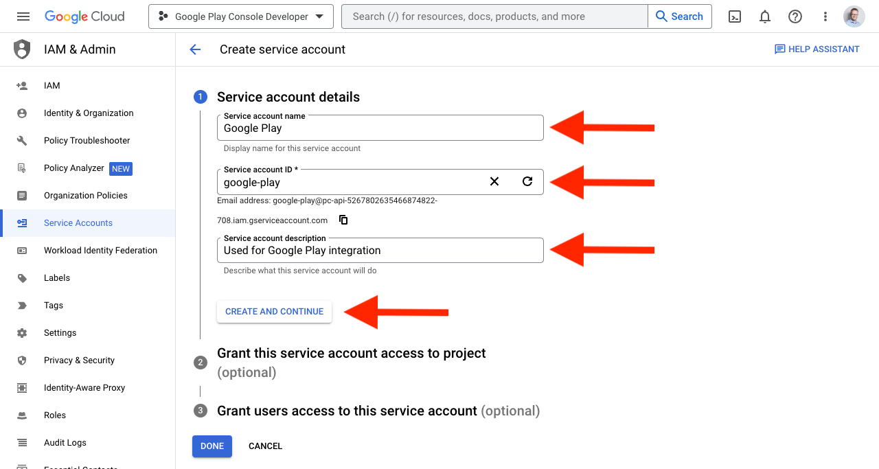 Service account creation form with name, ID, and description fields