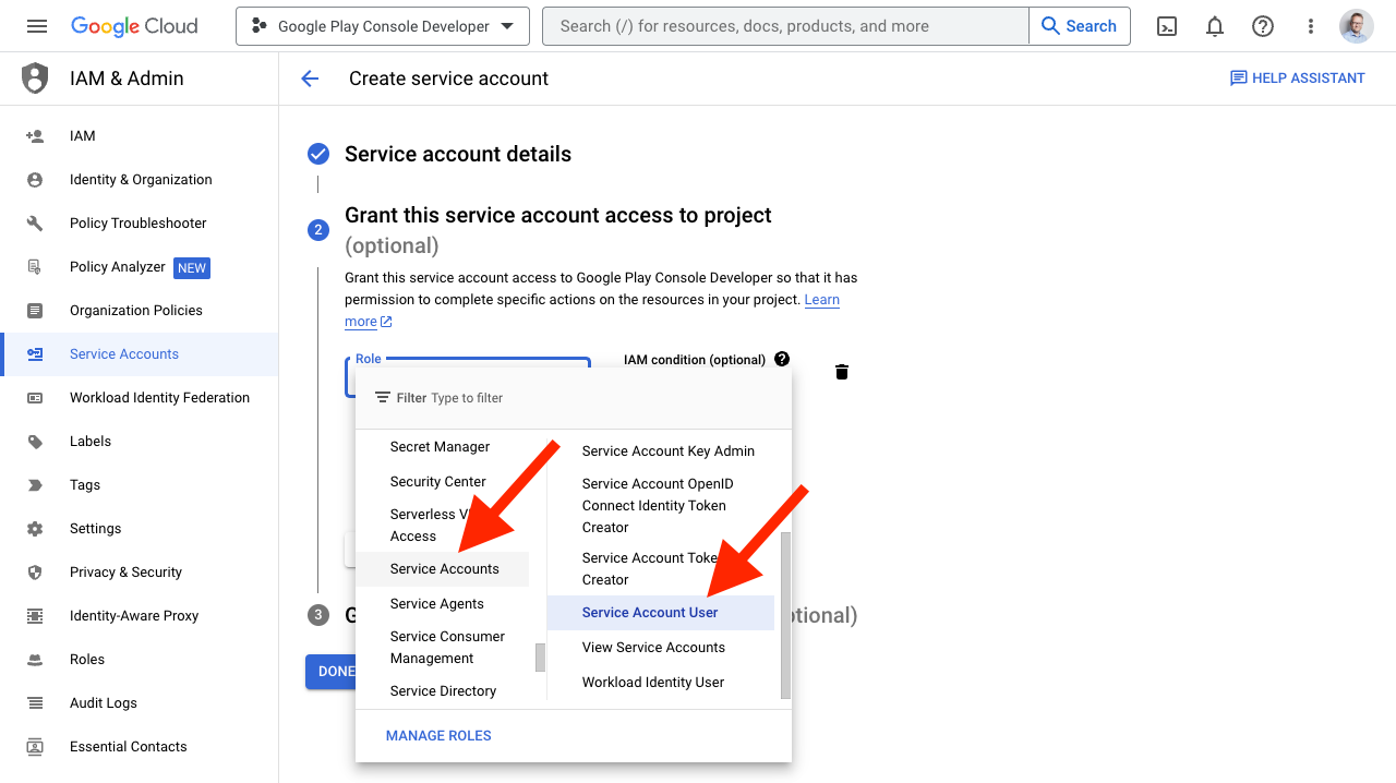 Role selection showing Service Accounts and Service Account User