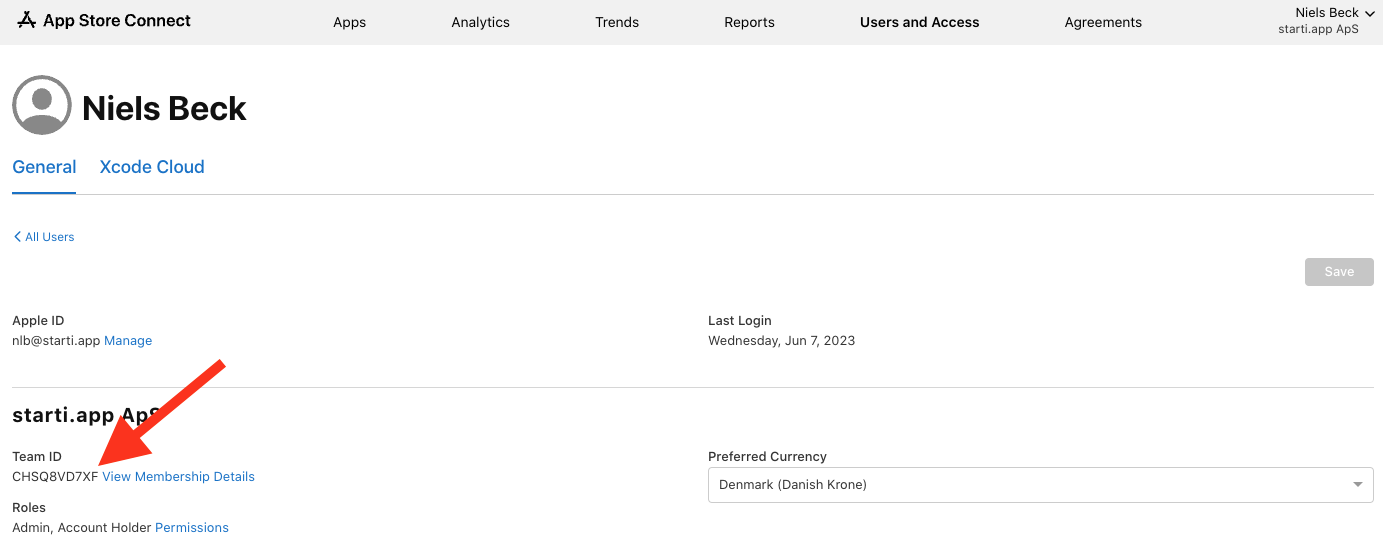 Edit Profile page showing Team ID
