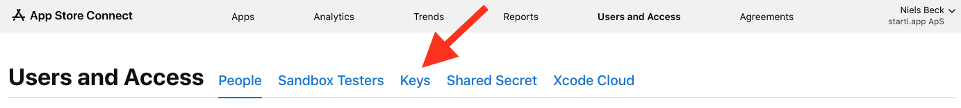 Users and Access page showing the Keys tab